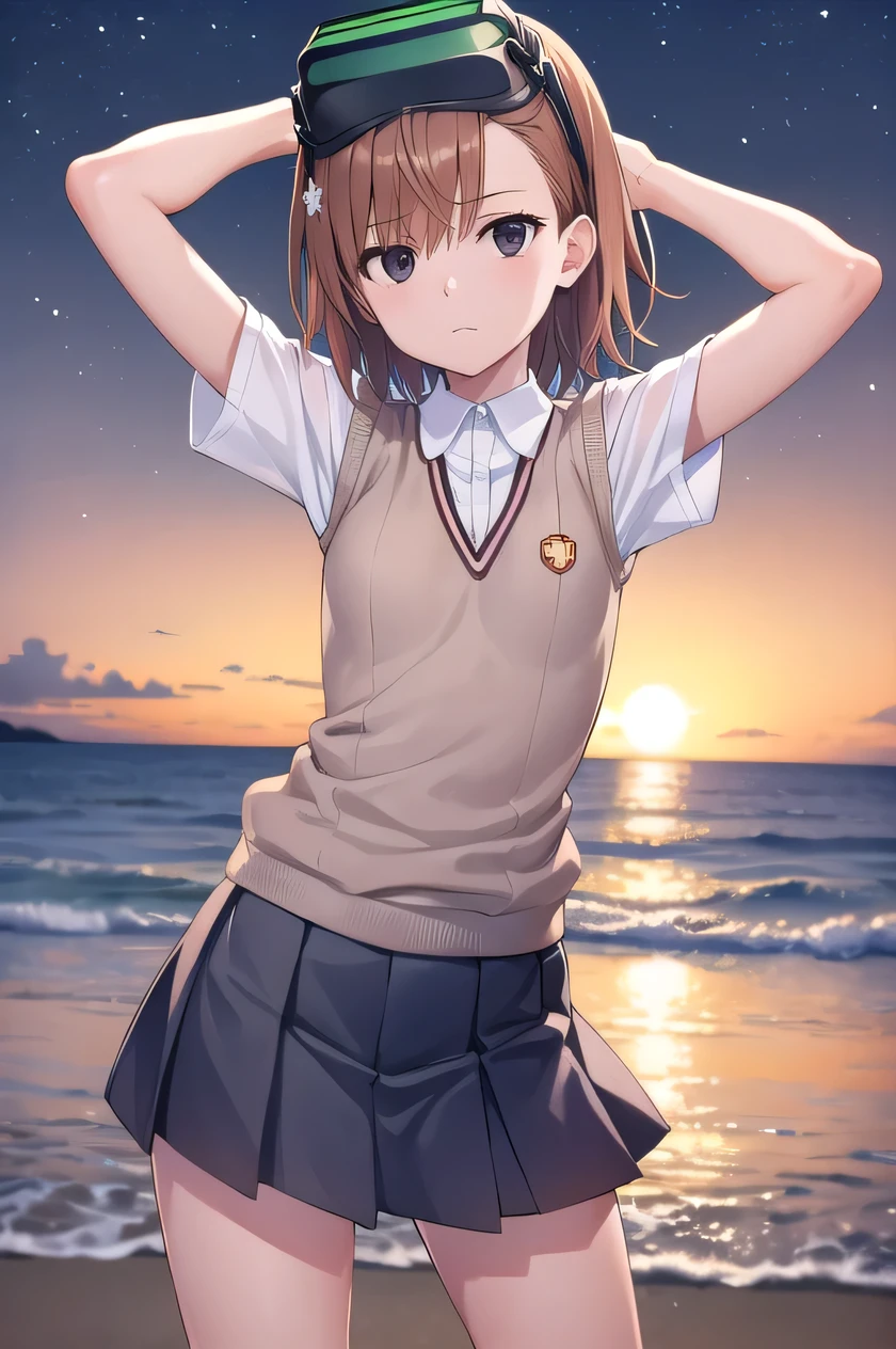 short hair, brown hair, black eyes, empty eyes, goggles, goggles on head, head-mounted display, , sweater vest, shirt, skirt, white shirt, pleated skirt, v-neck, short sleeves, tokiwadai , misaka imouto,  solo, night sky, beach, arms behind head, contrapposto, spread armpits, closed mouth, (cowboy shot:1.5), looking at viewer, shaking hips,