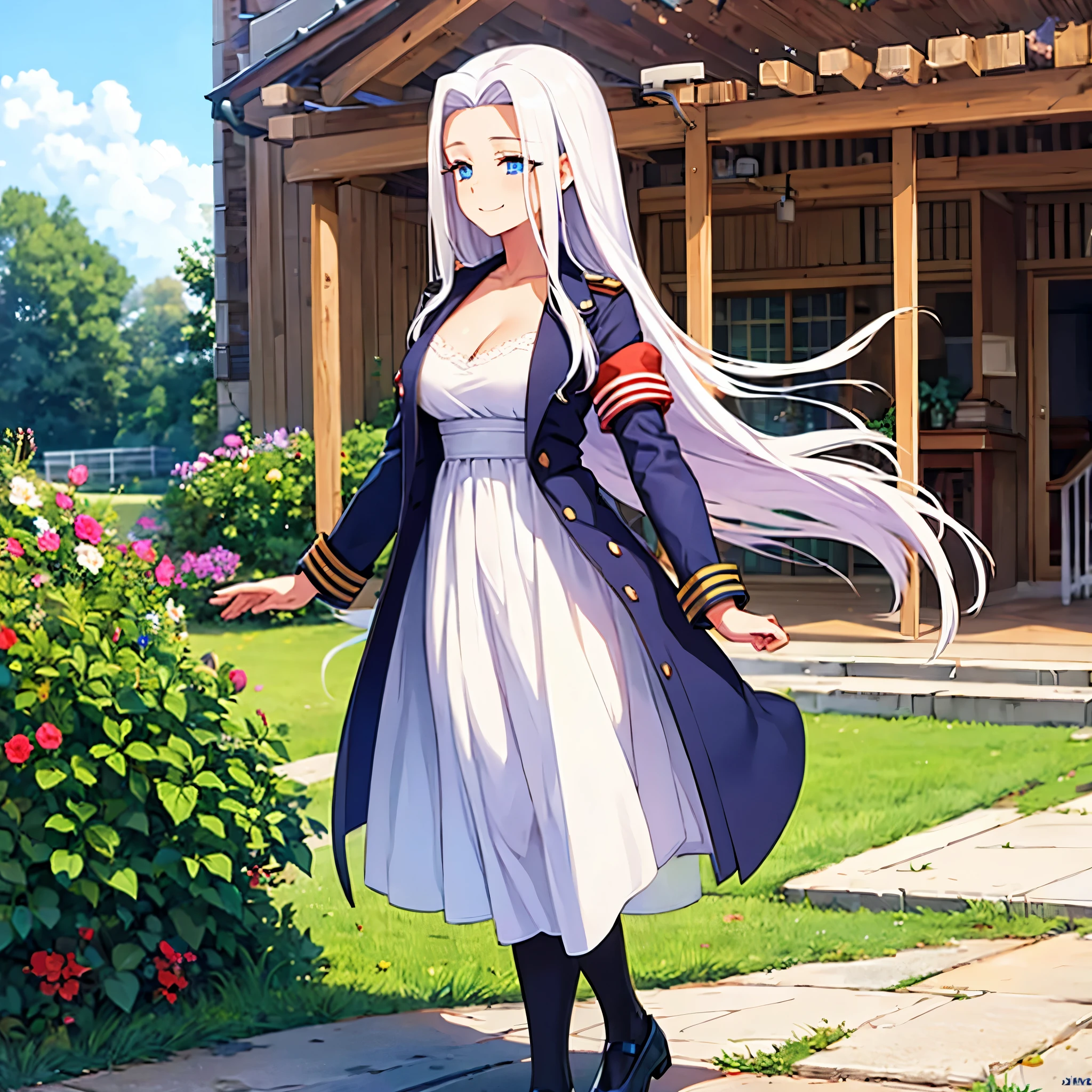 A woman wearing a white dress, wearing an open navy blue coat, walking in a picnic garden, smiling, blue eyes, long white hair, full body (azur lane_yorktown). shadow, flower, UHD, masterpiece, accurate, anatomically correct, textured skin, super detail, high quality, best quality, 8k, high resolution, bokeh effect. (solo woman)
