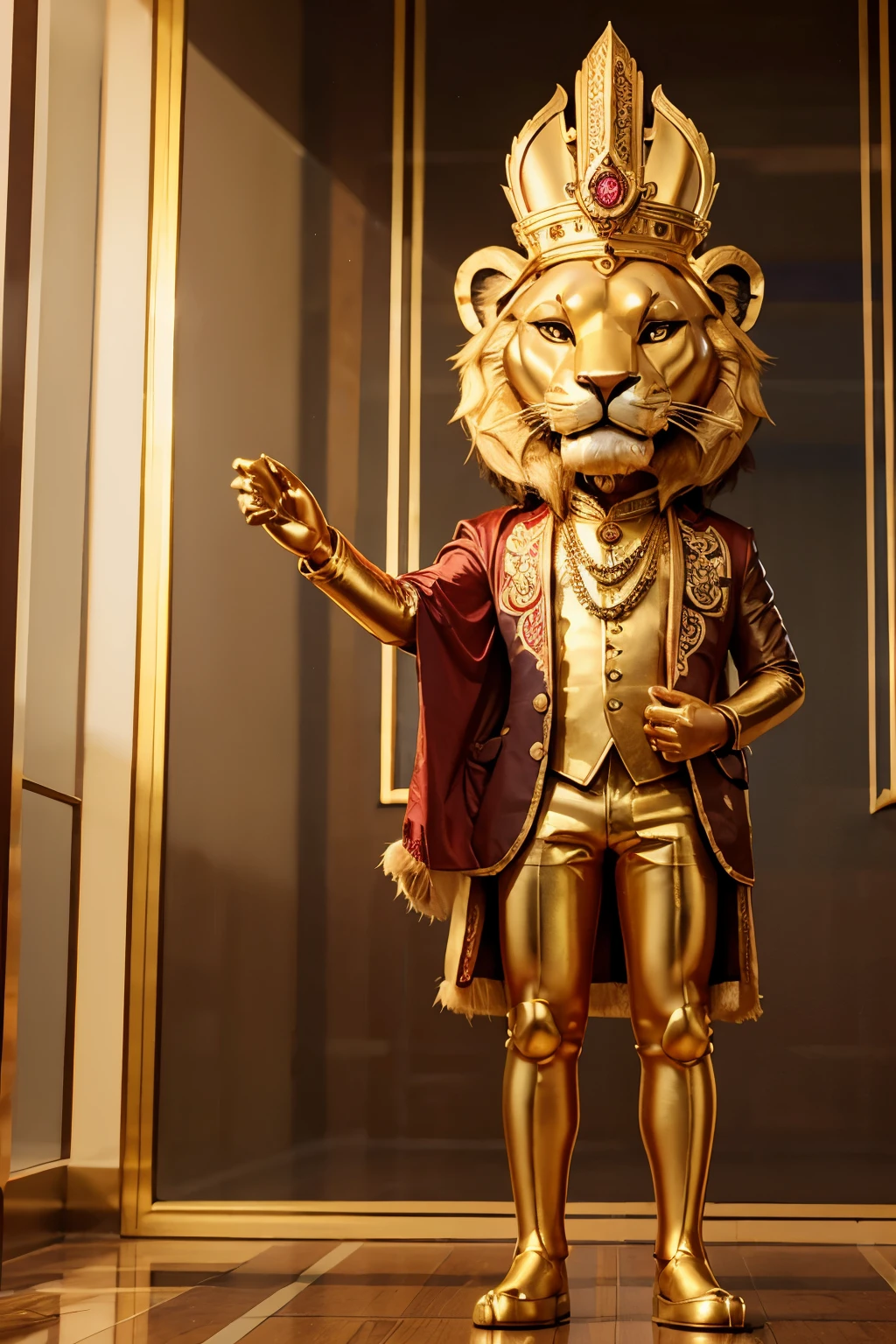 Mascot, myanmar chinthe lion, cute, 3d style, suit uniform, patron saint of myanmar, arrogance, with lion hands and legs, standind confidently, arrogant pose, myanmar jewellery elements