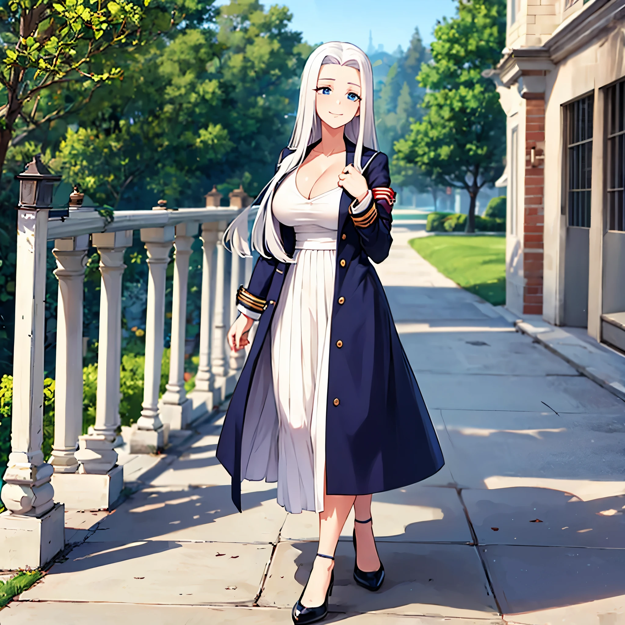 A woman wearing a white dress, wearing an open navy blue coat, walking in a picnic garden, smiling, blue eyes, long white hair, full body (azur lane_yorktown). shadow, flower, UHD, masterpiece, accurate, anatomically correct, textured skin, super detail, high quality, best quality, 8k, high resolution, bokeh effect. (solo woman)