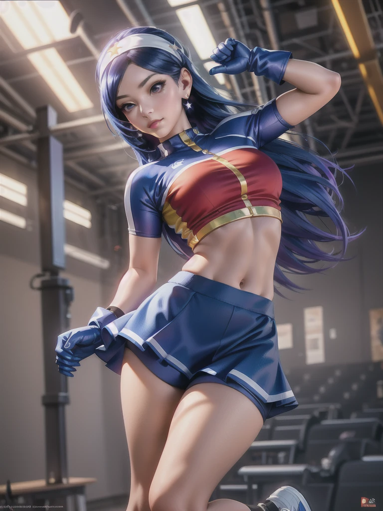 20-year-old woman, alone, alone, athletic, sexy body, wears a short red skirt, wears a blue shorts under the skirt, wears a red and blue top, wears blue exercise gloves that cover her entire forearm, wears The head has a white headband with a star, long blue hair is loose, it is wearing blue sports sneakers, it is expelling great power from its body, looking at the viewer seriously, cinematic, ultra-sharp focus, award-winning photography, perfect contrast, high sharpness, depth of field. ultra detailed photography, global illumination, fluid, ultra high definition, 8k, Unreal Engine 5, ultra sharp focus, award winning photography, art season trends,