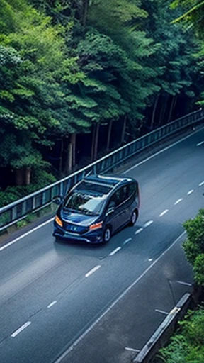 I want to generate a【Great appearance、A dark blue six-seater MPV with tough lines,Driving on the road leading into the forest,Lush forest on one side,The other side faces the sea,The road is long and winding,Top view,Reveal the complete vehicle,Focus on the vehicle】Posters