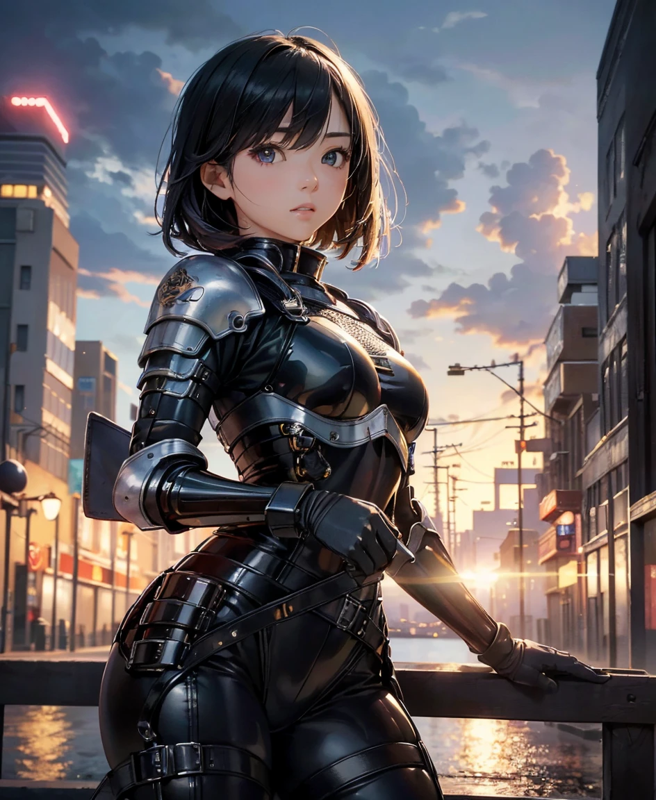 (Highest quality,4K,8k,High resolution,masterpiece:1.2),Super detailed,(Realistic,photoRealistic,photo-Realistic:1.37), A Japanese female fighter with a slim build and small face, cute, 1 girl, 18-year-old, Kneeling pose, Black super short hair, A tight-fitting combat suit in shiny black with a patent leather finish, Tight suit, gloves, Steel City Background, night lighting, Look at the viewers,