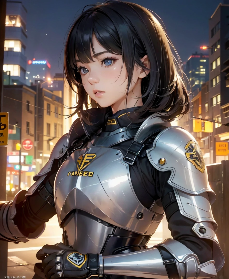 (highest quality,4K,8k,High resolution,masterpiece:1.2),Super detailed,(Realistic,photoRealistic,photo-Realistic:1.37), A Japanese female fighter with a slim build and small face, cute, 1 girl, 18-year-old, Kneeling pose, Super short black hair, A tight-fitting combat suit in shiny black with a patent leather finish, Tight suit, gloves, Steel City Background, Night lighting, cute座り方,