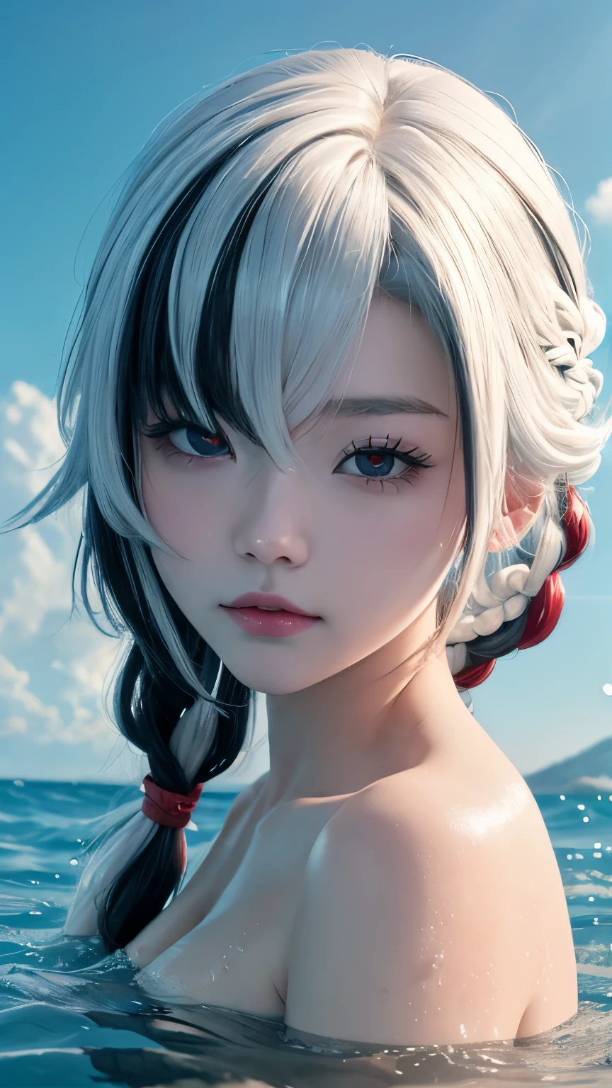 1girl，（Sleep and Peace：0.9），Head tilt，（Underwater，Underwater主题，Underwater森林，reflection：1.2），Upper body，White hair,black hair,Colorful hair,Straight Hair,Long braids,Red eyes,Red X pupils,White color lace lingerie，Pink transparent lace，Smile