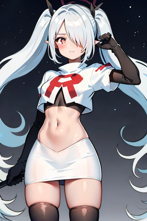 (masterpiece), 1girl, hair over one eye,magical world, shiny steps, beautiful sky, stars, jupiter, ioridef, team rocket,team rocket uniform,white skirt,red letter R,crop top,black thigh-highs,black elbow gloves