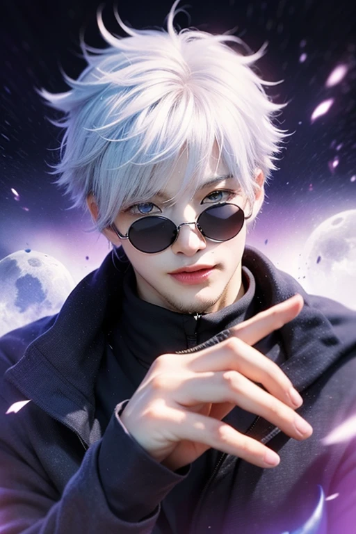 ((High detail、Cinematic lighting))、Messy white hair、Aquamarine eyes、White lashes、god rays、Ray tracing、drop shadow、optical illusion、Haut du corps、Looking at the camera、Masterpiece、((Super Detail、Best Quality、8K))、Jujutsu Kaisen、Gojo Gojo、Black attire、Surgical unfolding、Perfect jet black background、serene look、powerful being、Mystical atmosphere、(Strange moonlight、ominous shadows、 Intense blue aura、 Intense red aura、Symbol of the power that surrounds him、Radiating magical energy、Mystical artifacts、Ether particles、dinamic pose、Epic soundtrack、(((Detailed hand)))、sunglass