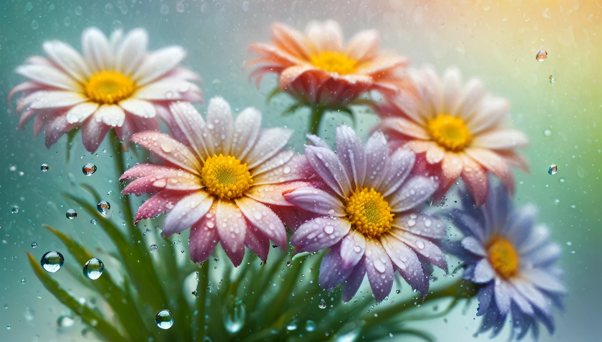 a bunch of flowers with water droplets on them, by Judy Takács, blurred backround, by Alice Prin, by Pamela Ascherson, colorful intricate masterpiece, wonderful light, beautiful render of a fairytale, effervescent, by Ulrika Pasch, 8k award-winning photograph, high-definition photograph, jewel, high definition photography