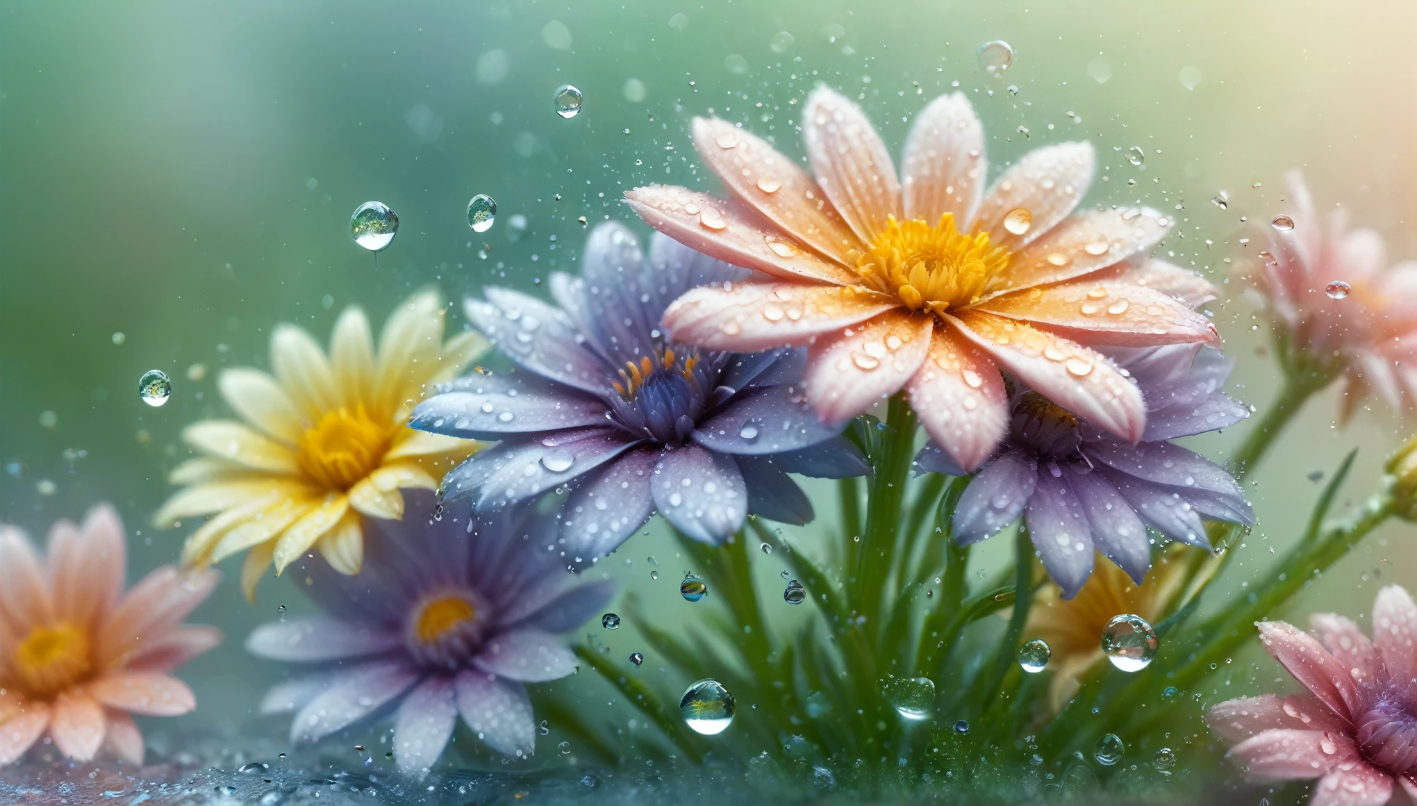 a bunch of flowers with water droplets on them, by Judy Takács, blurred backround, by Alice Prin, by Pamela Ascherson, colorful intricate masterpiece, wonderful light, beautiful render of a fairytale, effervescent, by Ulrika Pasch, 8k award-winning photograph, high-definition photograph, jewel, high definition photography