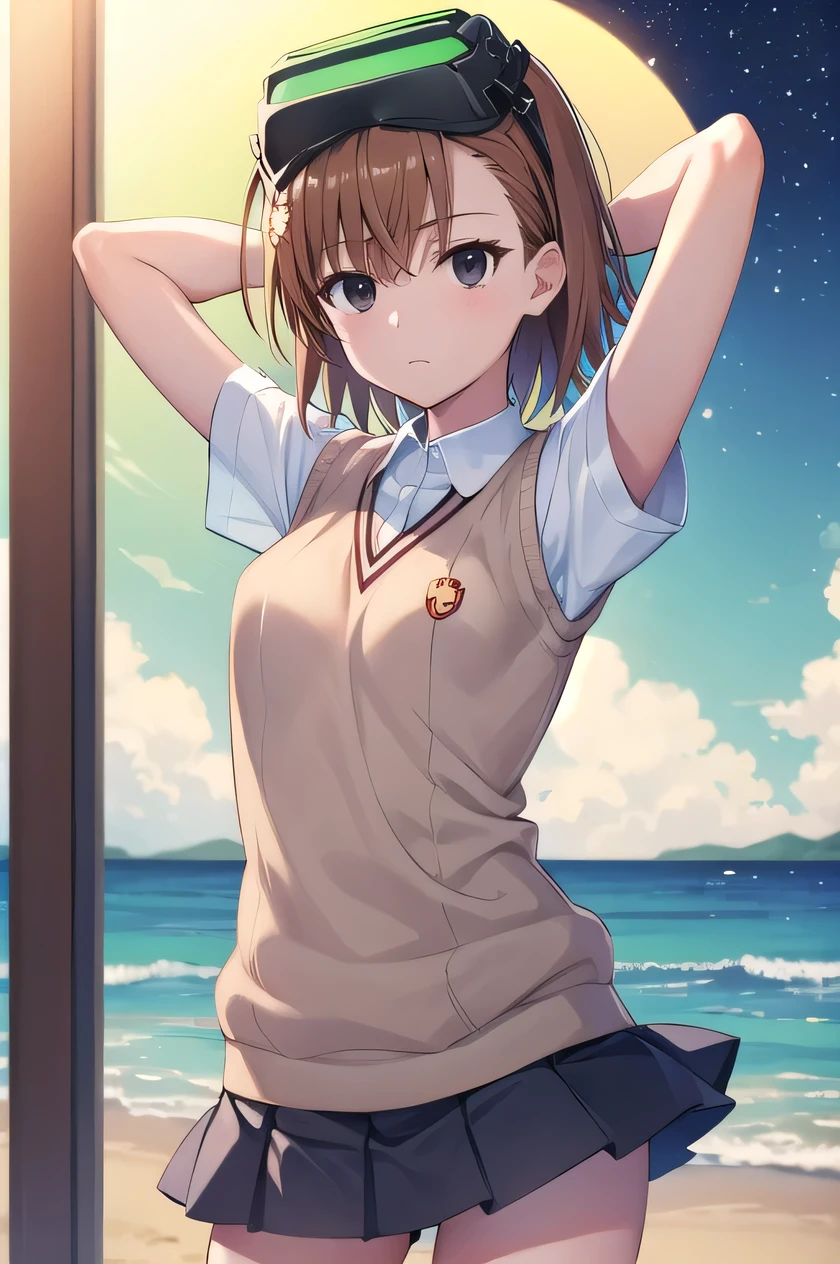 short hair, brown hair, black eyes, empty eyes, goggles, goggles on head, head-mounted display, , sweater vest, shirt, skirt, white shirt, pleated skirt, v-neck, short sleeves, tokiwadai , misaka imouto,  solo, night sky, beach, arms behind head, contrapposto, spread armpits, closed mouth, (cowboy shot:1.5), looking at viewer, 