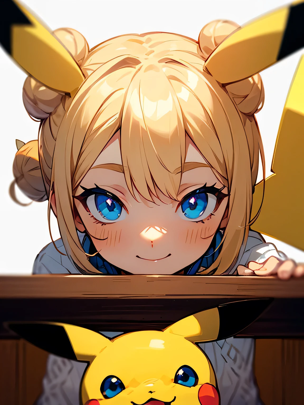 solo,head shot,close up face,blonde,triangle shapes double bun,lite blue eyes,(white cream color sweater),smile,leans her elbows on a wooden desk:1.4,break,(pikachu),
