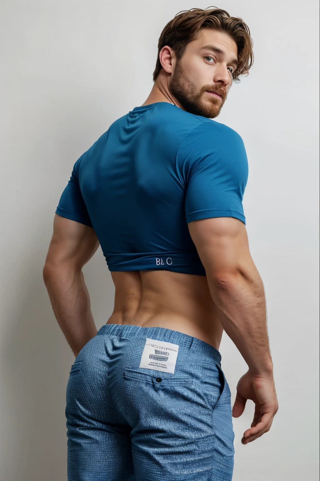 Un hombre con la cara se parece a braden werch., Su cuerpo es musculoso y pe barba dentada. Full body. Camisa Fajada,((big )), backside manly, blue trouser