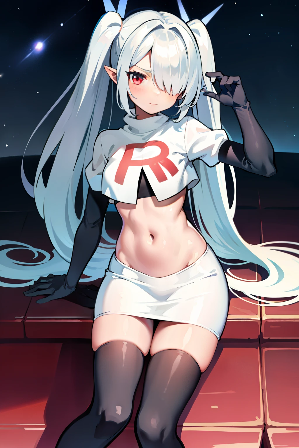 (masterpiece), 1girl, hair over one eye,magical world, shiny steps, beautiful sky, stars, jupiter, ioridef, team rocket,team rocket uniform,white skirt,red letter R,crop top,black thigh-highs,black elbow gloves
