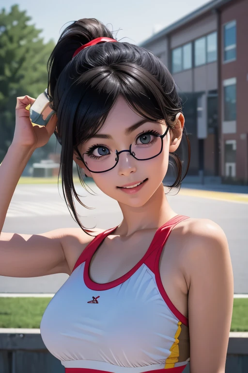 Sports competitionsの日、Sports competitions、ery、Students cheering、女子100 m競走、((highest quality:1.4、8k、32k、Hmph:1.3))、(An unparalleled masterpiece)、((RAW Photos、realism:1.6))、Japanese Girls、Outdoor,playground,Schoolyard,Schoolyard,(physical education:1.3),(Per class:1.3)Girl smiling at the camera、Dynamic pose、(Sports competitionsの日、100 m走、running)、Dynamic Angle、School gym clothes、Bloomers、(Huge brea、thin abdomen、The lower body is thin)、Ulzzang-6500-v1.1、Teenage Girighly detailed face、Fine grain、Round face、Baby Face、Detailed Iris、double eyelid、(((Glasses、Long black hair、High up ponytail)))、Photon Mapping、Detailed skin texture、100 m,From head to toe:1.5,