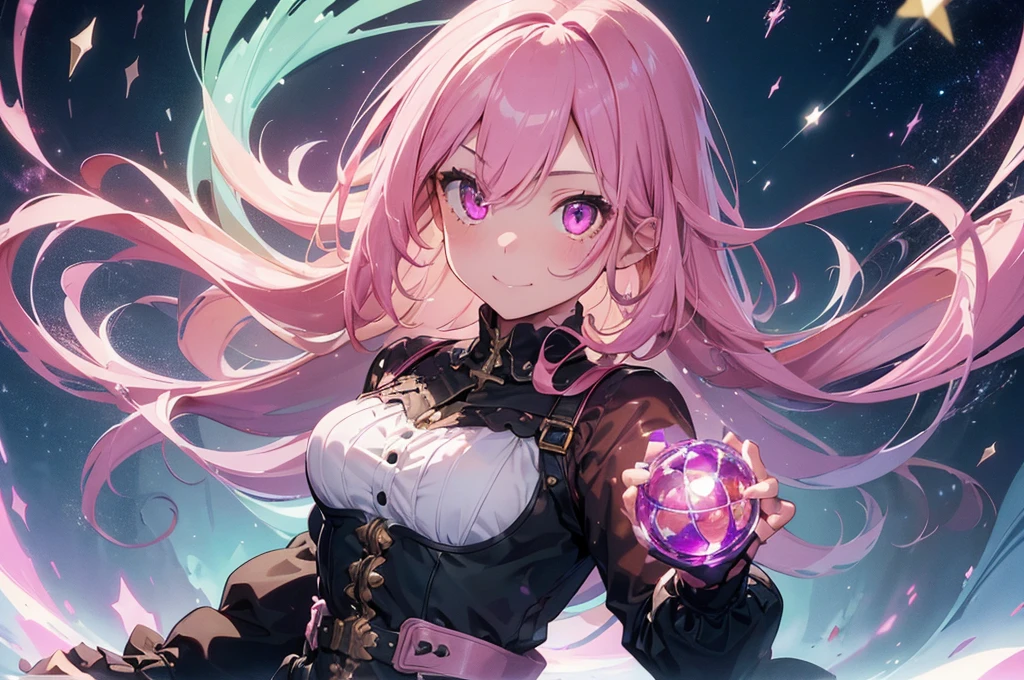 Equipment:2.Steam engine:2.whole body:2.Steampunk Style:2.hourglass、Equipment:2、((Tabletop))),((Ultra-detailed,highest quality, High resolution)), (1 girl)((Pink Hair, Long Hair,Straight hair,Both sides up)) (Green Eyes),eye shadow, Eyeliner,Glow Eyes, Ultra-detailed目, Complex eyes, Beautiful Eyes, ((Shining pink eyes))18-year-old girl、Frills.smile .hourglassの背景、大きなhourglass.((High contrast RGB effect, LED Effect, Kaleidoscope effect, Glowing effect, Ripple effects, Glitter RGB Effect)) Laughter