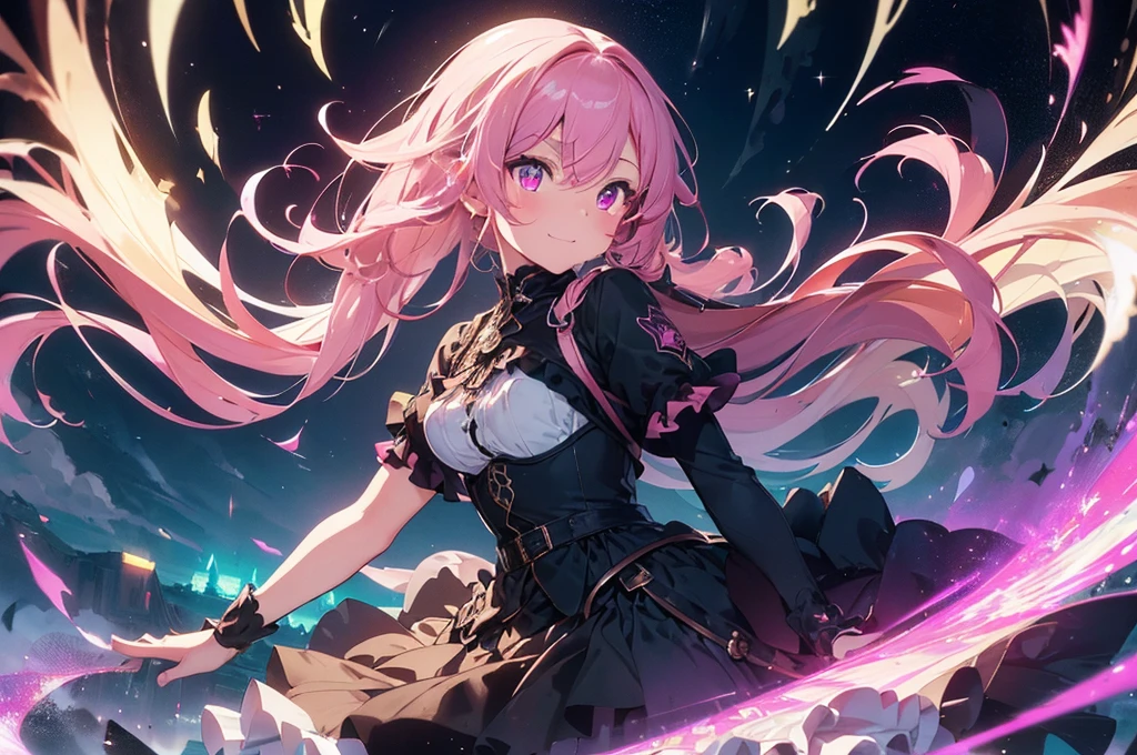 Equipment:2.Steam engine:2.whole body:2.Steampunk Style:2.hourglass、Equipment:2、((Tabletop))),((Ultra-detailed,highest quality, High resolution)), (1 girl)((Pink Hair, Long Hair,Straight hair,Both sides up)) (Green Eyes),eye shadow, Eyeliner,Glow Eyes, Ultra-detailed目, Complex eyes, Beautiful Eyes, ((Shining pink eyes))18-year-old girl、Frills.smile .hourglassの背景、大きなhourglass.((High contrast RGB effect, LED Effect, Kaleidoscope effect, Glowing effect, Ripple effects, Glitter RGB Effect)) Laughter