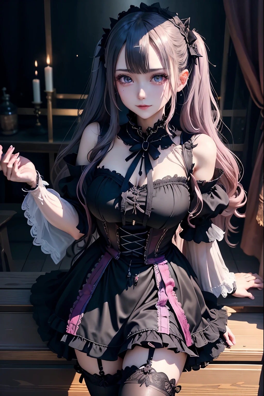 ハードDark Gothicメイク、Deep Night Sky、Horror、Black dark eyeshadow、cry、sad、Good skin radiance、Dark Gothicメイク、Dark smile、palace、The beauty of fragrance、24-years-old、Expressions of intense sexual pleasure、Embarrassed look、Dark Gothic、Obscene language、highest quality、Drunk face、紫のMaid clothes、Mysterious、Noble、sexy、Loving smile、Twin tail hair、Right blue eye, Left eye is red、Platform Heel Shoes、Heavy makeup、Gothic ta Clothing、A little slimmer、Silver Hair、Long Hair Straight Hair、Cute Gothic Loliress、Beautiful Face、elegant features、Fascinating face、Stained glassが背景、Chest glistening with sweat、The room is dark、gothic long dress、Bell Sleeves、Wizard Sleeve、Decadent look、Sexually excited expression、Glossy thighs wet with water、Thighs that are wet and shiny with oil、Background of a room full of roses、sad表情、The embroidery is pink、The dress has pink embroidery、Thigh-high socks、Knee-high socks、Gentle expression、Dark black eyeshadow、Stained glassと薔薇背景、Female Duo、Female couple、dark church background、Stained glass、Black metal world、Dark Castle、Dark Room、Slender body、upright、walk、Are standing、gothic long dresaid clothes、Victorian dresses、Her thighs glisten with sweat、My body is wet and shiny、Lots of glitter on the thighs、sweating、My thighs are sticky from sweating、Sweat glistens on the thighs, The whole body is sweaty and shiny、Quite sweaty、My thighs are sweaty、My thighs are so wet、My thighs are shining with sweat、A lot of sweat glistens all over the body、The thighs are the best、Thighs are glamorous、Small breasts、Playing guitar、Singing while playing the guitar、les paul guitar、Holding a guitar、Playing in a band、Playing guitar chords、Practicing guitar、Mike stand、Embodying the guitar、