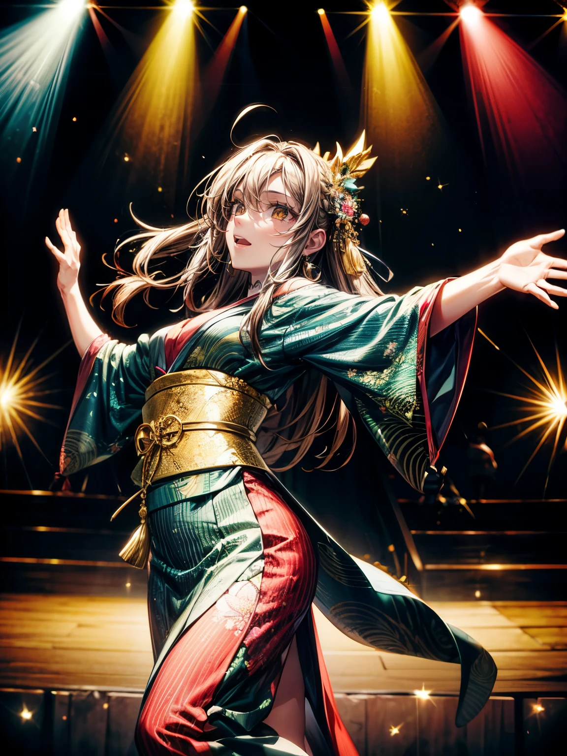 masterpiece,highest quality,Ultra high definition,Amenouzume, Japanese mythology, goddess of performing arts, enthusiastic dancing,Long brown hair ,light brown eyes ,Red gorgeous kimono, stage decorations, happy expression