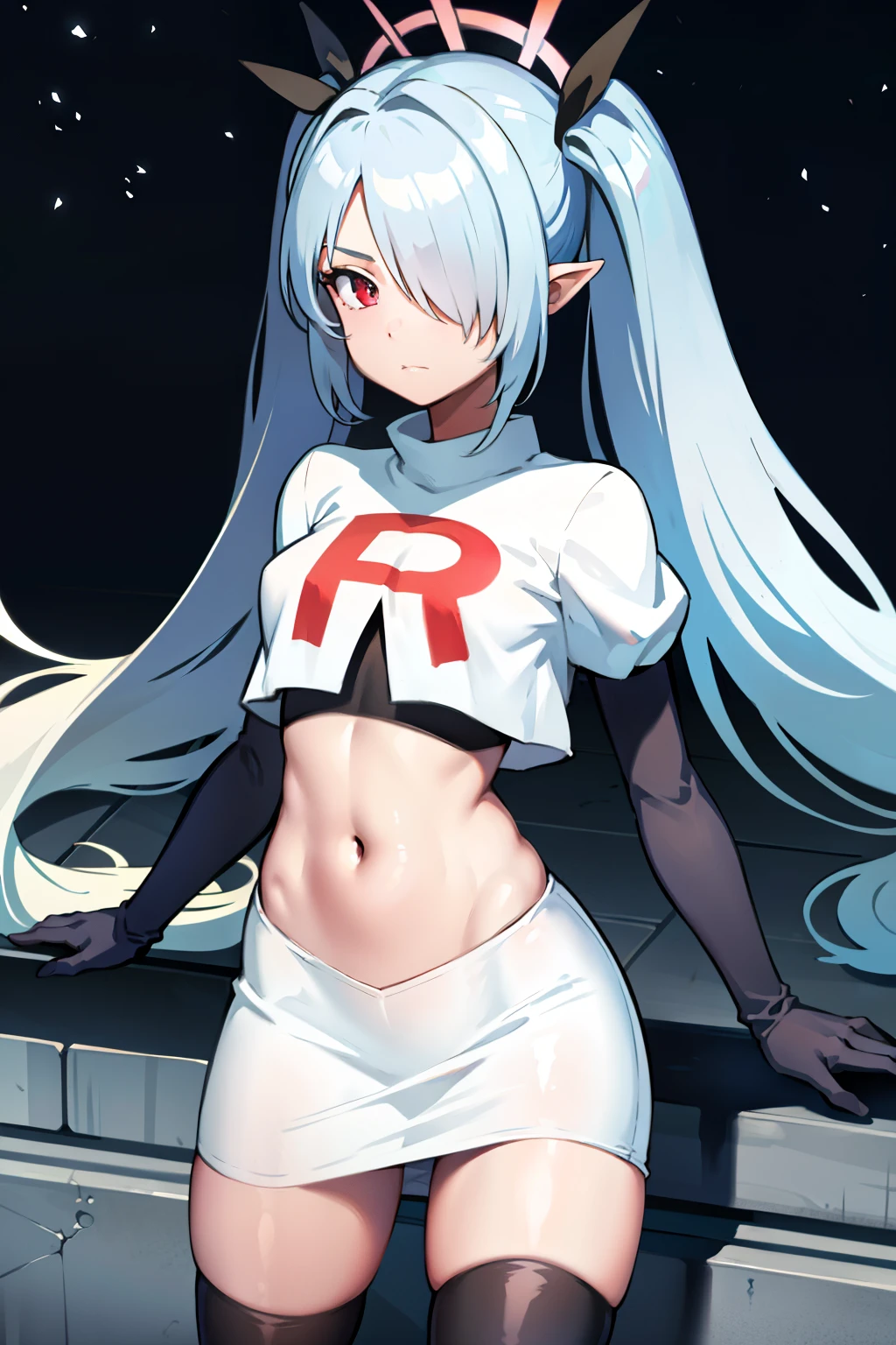 (masterpiece), 1girl, hair over one eye,magical world, shiny steps, beautiful sky, stars, jupiter, ioridef, team rocket,team rocket uniform,white skirt,red letter R,crop top,black thigh-highs,black elbow gloves