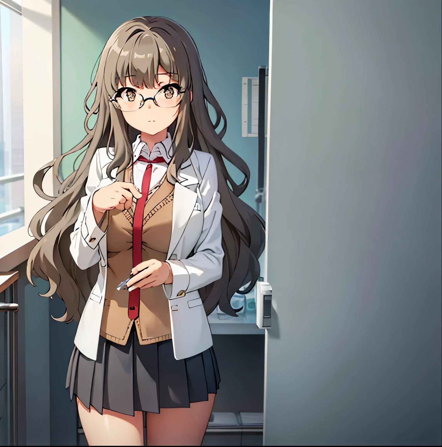 1girl,alone,rio futaba,masterpiece,best quality,realistic, (facing viewer: 1.2), front, pov (from below), indoors, chemistry room, detailed background, heavy breathing, blushing nose, (cheerful:1.1), long_hair, brown_hair, brown_eyes, glasses, huge breasts, medium waist, wide hips, medium thighs, round butt ChichiBukuro, pleated miniskirt, lab coat, open coat, black shirt, tank top, tie neckline, perfect anatomy, perfect hands