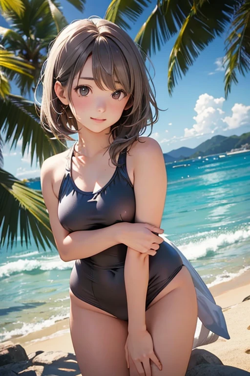 highest quality、Realistic、female、Japanese、zoom、cute、Gray Eyes、Chestnut Hair、Bonytail、swimsuit、Chubby