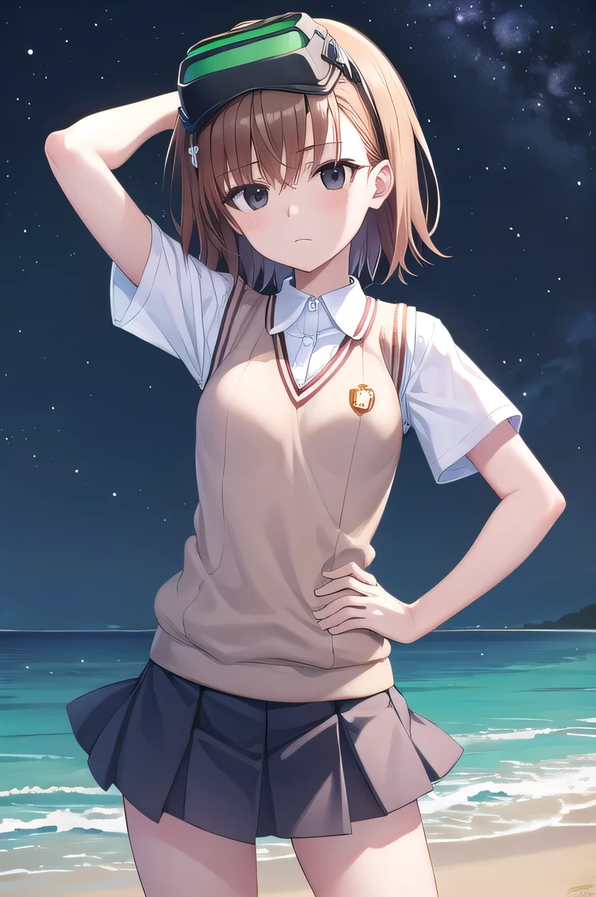 short hair, brown hair, black eyes, empty eyes, goggles, goggles on head, head-mounted display, , sweater vest, shirt, skirt, white shirt, pleated skirt, v-neck, short sleeves, tokiwadai , misaka imouto, solo, night sky, beach, arm behind head, hand on hip, contrapposto, spread armpits, closed mouth, (cowboy shot:1.5), looking at viewer, best quality,