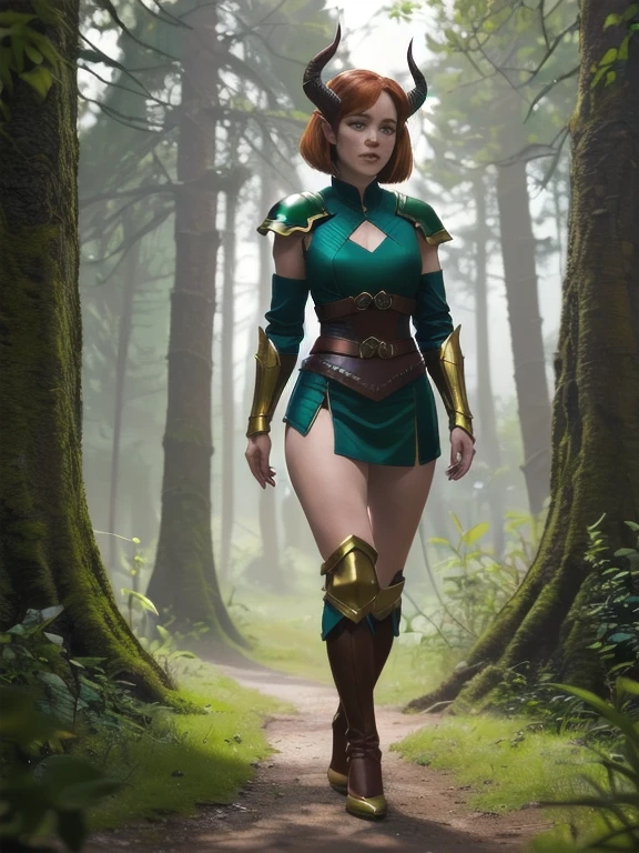 (8k, RAW photo, best quality, masterpiece:1.2),ultra-detailed, (high detailed skin:1.2), 8k uhd, dslr, soft lighting, high quality,  freckles, crimson bob cut, portrait sophia_lillis, woman, bob cut, green armor, doric, horns, tail, pointy ears, full body, in forest,