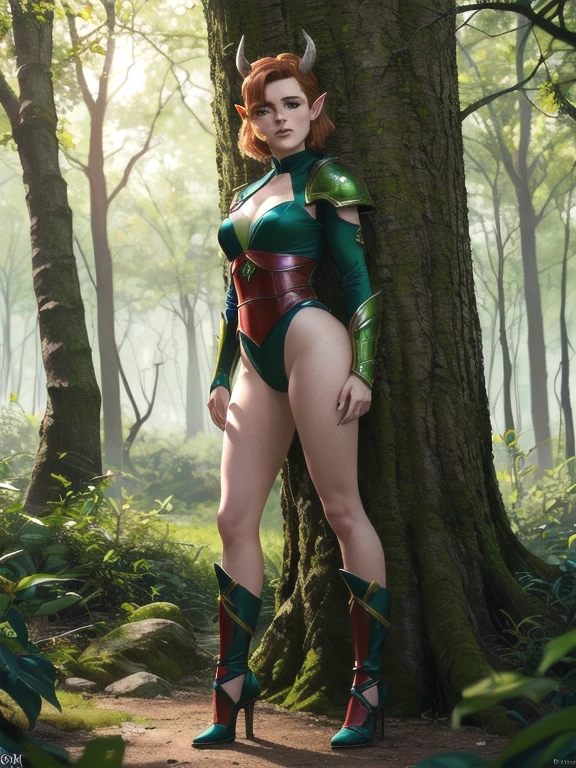 (8k, RAW photo, best quality, masterpiece:1.2),ultra-detailed, (high detailed skin:1.2), 8k uhd, dslr, soft lighting, high quality,  freckles, crimson bob cut, portrait sophia_lillis, woman, bob cut, green armor, doric, horns, tail, pointy ears, full body, in forest,