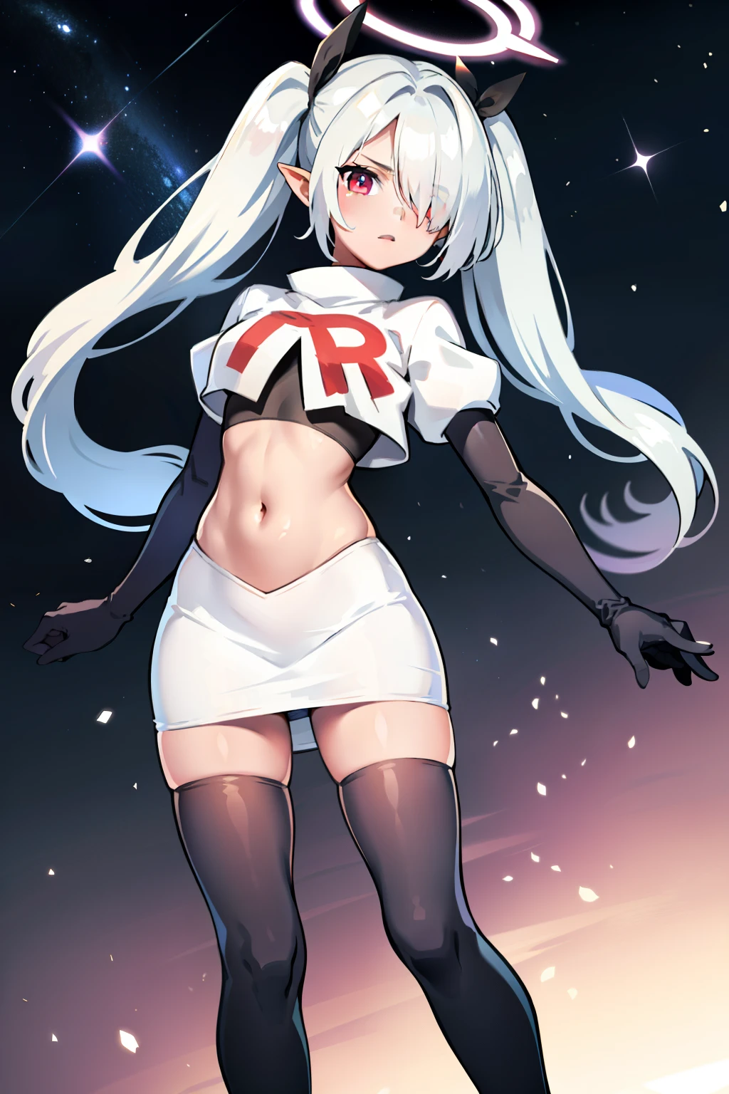 (masterpiece), 1girl, hair over one eye,magical world, shiny steps, beautiful sky, stars, jupiter, ioridef, team rocket,team rocket uniform,white skirt,red letter R,crop top,black thigh-highs,black elbow gloves