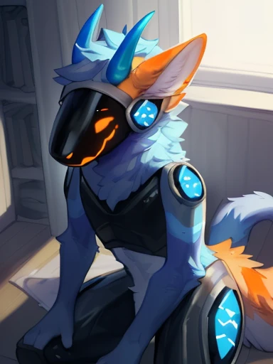, ((( (( ),(( yellow and orange fur for body protogen with light blue fur only for the head and horns on head with a black chest plate and silver legs and a stripped tail and the stripes are orange ) ,  looking at viewer ))) , big chest , day, , sensual, detailed, uploaded to e621, beautiful and detailed portrait of an anthropomorphic , (((male))) uploaded to e621, zaush, foxovh, movie lighting, thicc, alone, detailed, 8k res, hires, detailed eyes, good anatomy, good perspective, towards viewer, by bebebebebe, by sicklyhypnos, by gerkk, by orf, nice hands, perfect hands, happy, romantic, ray tracing lighting, rtx on, By Bebebebebe, by SpiritD, by KOBITOWANI, b est quality, masterpiece, perfect anatomy, detailed picture)), 1femboy, 