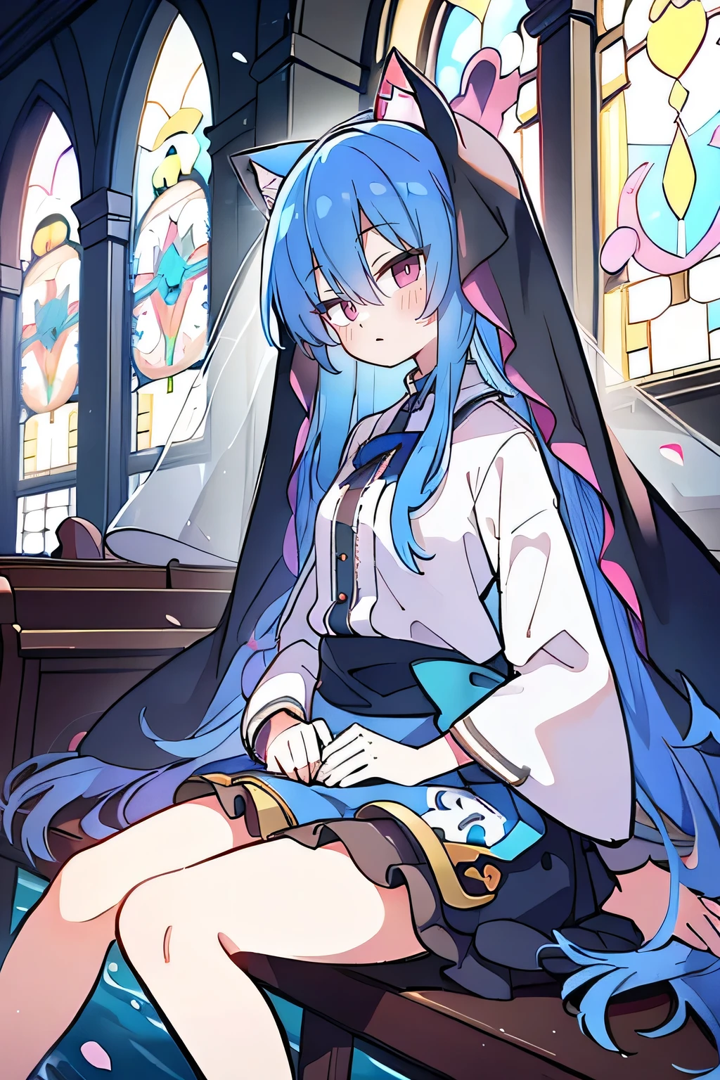 (masterpiece:1.2),Extremely detailed,Practical,expressive eyes,Fair skin,Perfect face shaping,1 Girl,
Japanese cartoons,Gorgeous blue hair, the long flowing blue hair,Floating clothes,Cat ears,Petals fall,beautiful lola,Young Angel,
Place your hands on your waist,sit elegantly on the ground,Cross your legs,Gentle and peaceful background,stately church,nun,lie on the water. 
