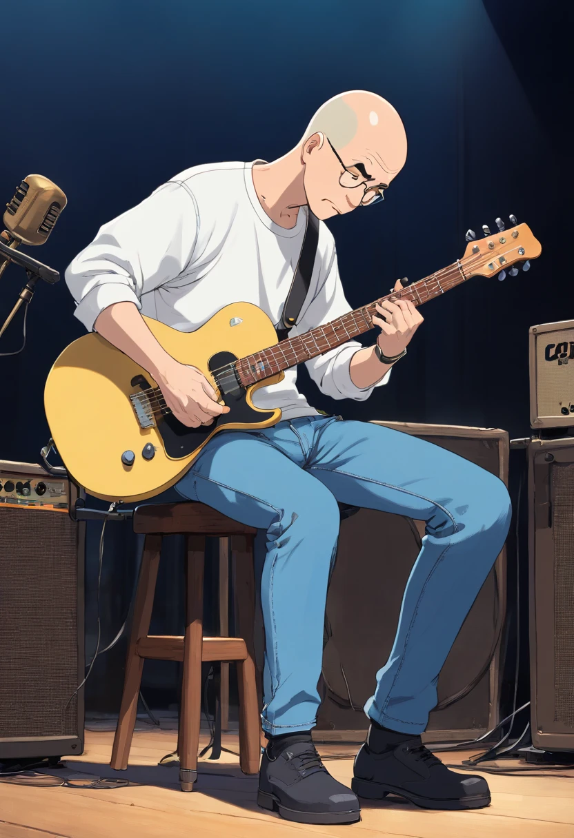 A round face bald 50 years old male playing drums wearing grey t-shirt and black denim jeans, a round face chubby 50 years old wearing black polo shirt and blue denim jeans playing bass guitar,  a tall and thin bald 50 years old male wearing white polo shirt and brown cargo pants playing percussions, a 50 years old with slick and lean short black hair wearing a white t-shirt and blue denim pants playing acoustic guitar, a bald 50 years old male wearing black t-shirt and blue denim jeans playing electric guitar, a tall and learn 50 years old male with slick and lean short hair wearing white long Sleeves shirt with black trouser play keyboards, music concert' background, Tintin, herge, european comics