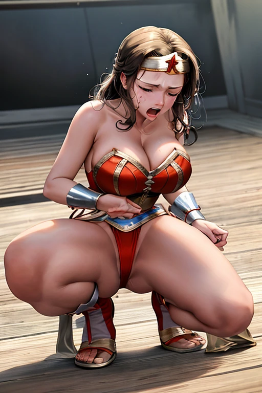 masterpiece, best quality, beautiful art, high resolution, well formed hands, body and fingers, 1 woman, solo, wonder woman Lynda Carter, tiara , adult, big breasted, cleavage, full body, sexy and skimpy outfit , gorgeous legs and thighs , ryona,in peril, she is being beaten up by her opponent, receiving the impact of her opponent's attacks, reacting to the hits, closed eyes, she is being slapped in the face, knocked down, slammed against the floor, screaming in pain and agony, showing weakness and vulnerability, heroine in peril, ryona and perilous scene, sweating, bouncing breasts, martial arts tournament with beach environment