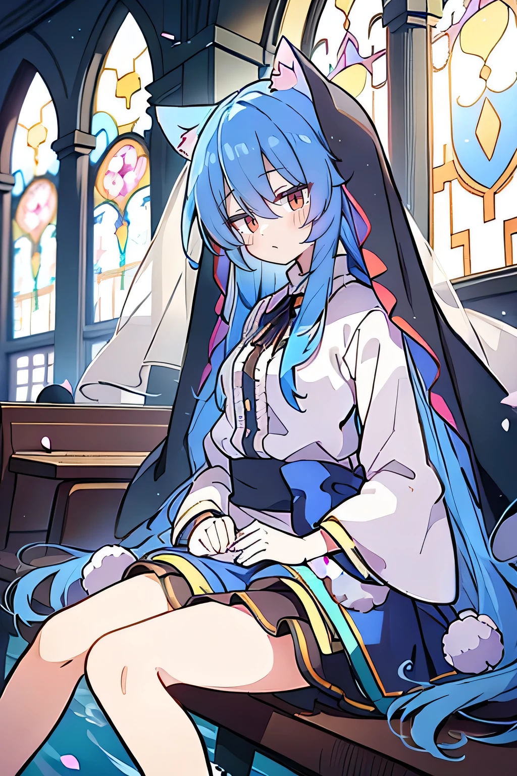 (masterpiece:1.2),Extremely detailed,Practical,expressive eyes,Fair skin,Perfect face shaping,1 Girl,
Japanese cartoons,Gorgeous blue hair, the long flowing blue hair,Floating clothes,Cat ears,Petals fall,beautiful lola,Young Angel,
Place your hands on your waist,sit elegantly on the ground,Cross your legs,Gentle and peaceful background,stately church,nun,lie on the water.