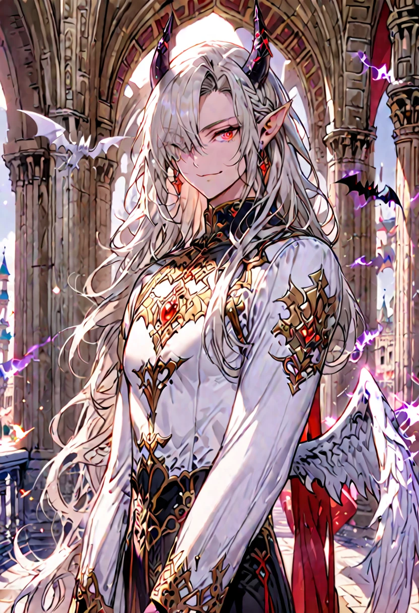 1 boy, solo, male, sfw, medium shot, long hair, braid, red eyes, black horns, white wings, bat wings, muscular, pointed ears, hair over one eye, skimpy clothes, magic, palace, day, warm, friendly smile, feminine, silky hair, long sleeves, Juliette sleeves