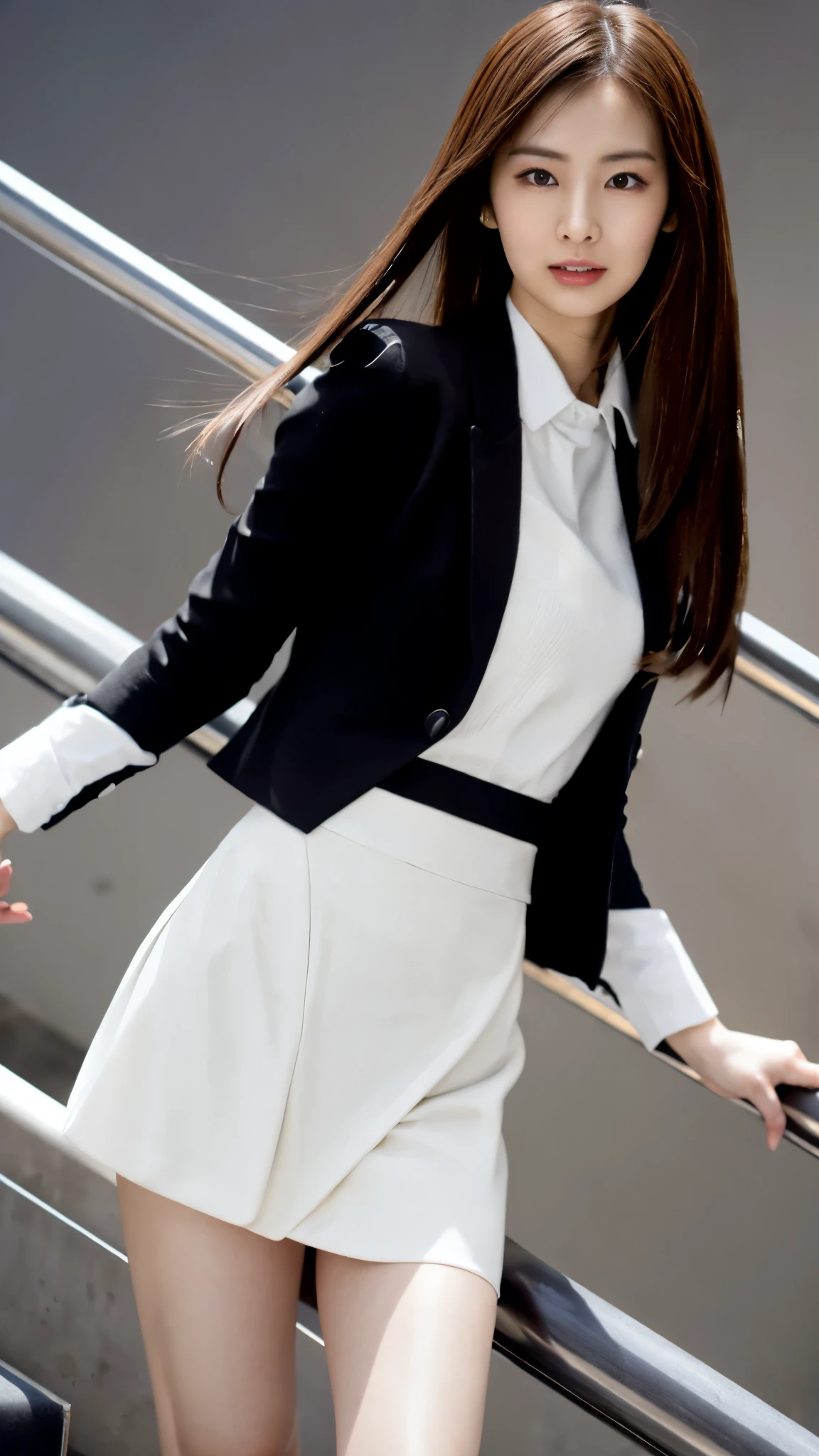 A Japanese woman in a black suit and white shirt poses on the stairs, Wearing a strict tight mini skirt、 Wear a business jacket, 8k, (Semi-long hair:1.3), (Light brown hair:1.3), Wear high heels、Wearing thin black tights、high waist、Low - Angle