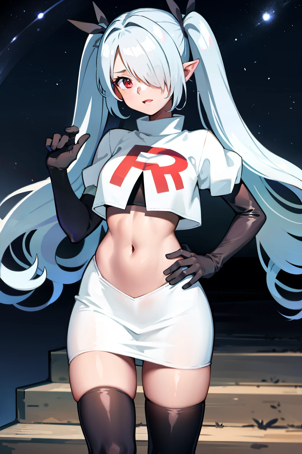 (masterpiece), 1girl, hair over one eye,magical world, shiny steps, beautiful sky, stars, jupiter, ioridef, team rocket,team rocket uniform,white skirt,red letter R,crop top,black thigh-highs,black elbow gloves