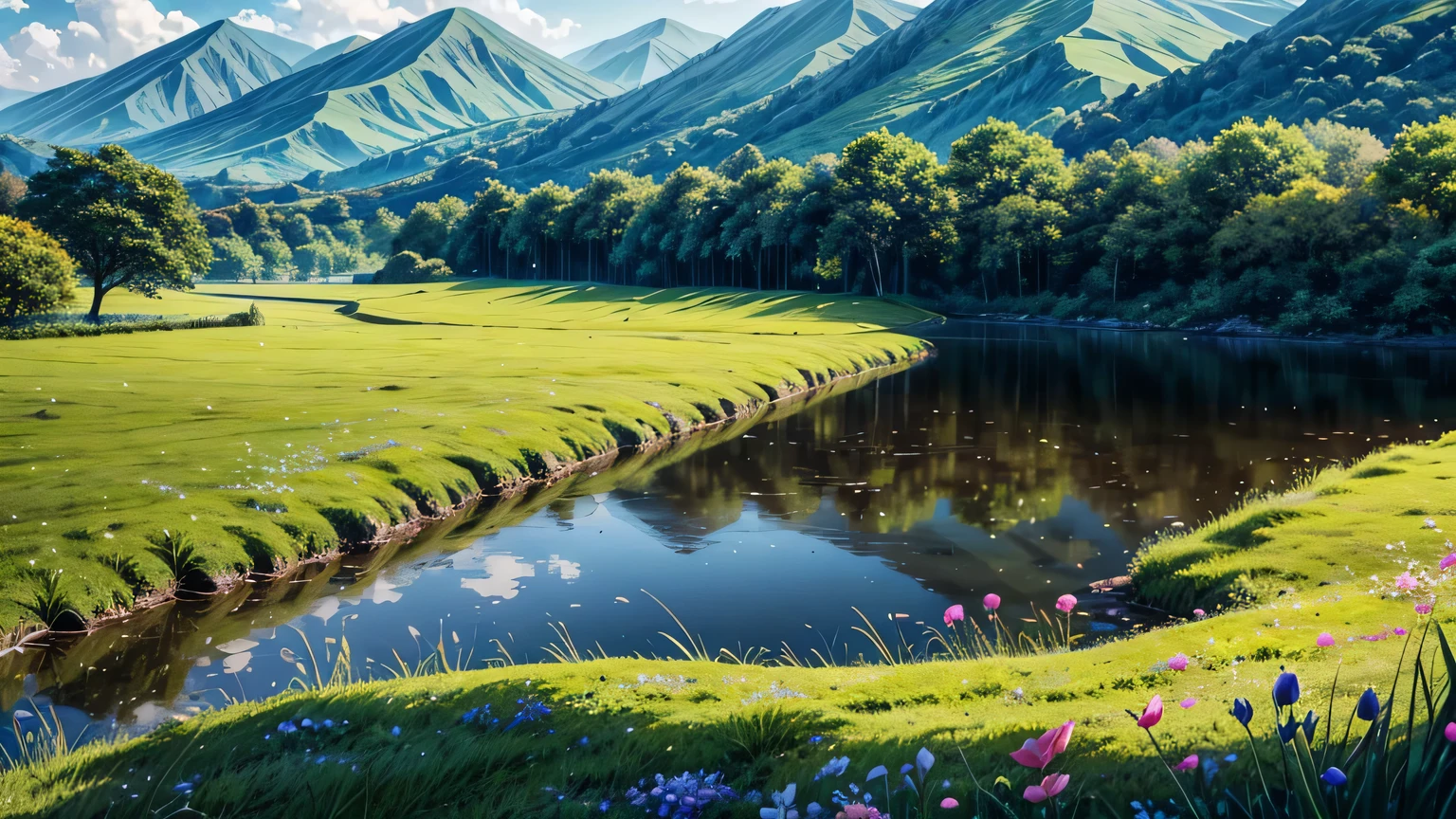 Landscape and water,Picturesque scenery;The grass is verdant,Birdsong and Flowers;