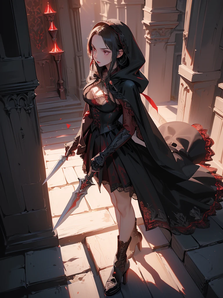 Design a layout showcase Gaming character, (1girl). Red+Black clothes, gothic and elegant, ((showcase weapon:1.4)), enchanted dagger, (masterpiece:1.2), (best quality), 4k, ultra-detailed, (Step by step design, layout art:1.5), (mystical lighting, dramatic lighting), assassin, ((hooded cape)), (((lace gloves:1.3))), corset, leather boots, (((full_body_shot:1.4)))