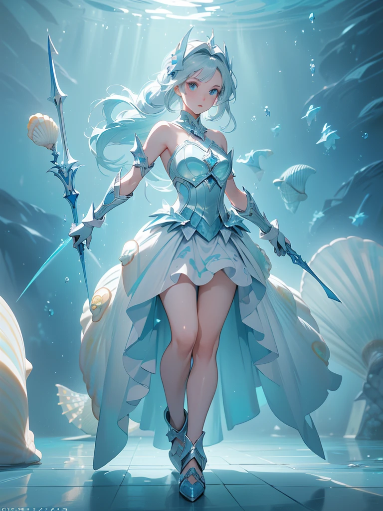 Design a layout showcase Gaming character, (1girl). Blue+Silver outfit, sleek and aquatic, ((showcase weapon:1.4)), trident, (masterpiece:1.2), (best quality), 4k, ultra-detailed, (Step by step design, layout art:1.5), (underwater lighting, rippling light), mermaid, ((scales on arms)), (((shell gloves:1.3))), flowing skirt, finned feet, (((full_body_shot:1.4)))