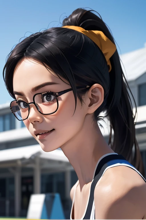 Sports competitionsの日、Sports competitions、gallery、Students cheering、女子100 m競走、((highest quality:1.4、8k、32k、Hmph:1.3))、(An unparalleled masterpiece)、((RAW Photos、realism:1.6))、Japanese Girls、Outdoor,playground,Schoolyard,Schoolyard,(physical education:1.3),(Per class:1.3)Girl smiling at the camera、Dynamic pose、(Sports competitionsの日、100 m走、running)、Dynamic Angle、School gym clothes、Bloomers、(Huge breasts:0.5、thin abdomen、The lower body is thin)、Ulzzang-6500-v1.1、Teenage Girls、Highly detailed face、Fine grain、Round face、Baby Face、Detailed Iris、double eyelid、(((Glasses、Long black hair、High up ponytail)))、Photon Mapping、Detailed skin texture、100 m,From head to toe:1.5,