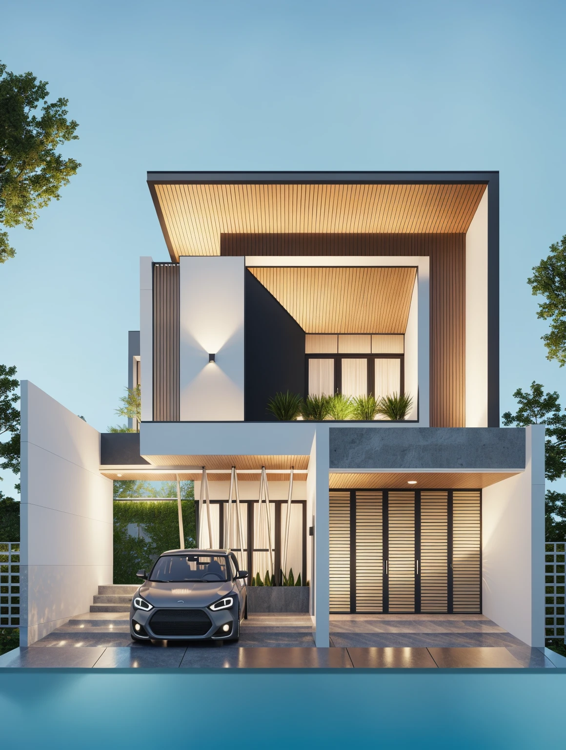 PLATFORM KTHOUSE, 1 morden villa, main material of villa about build color wall:1.2 glass panel:1.1 and stone:1.2, 1large yard, 1 road runs in front of the house, (RAW photo, real, best quality, masterpiece:1.2), look morden minimalist, 1 road in front of the house, dynamic lighting:1.3, (hyper realistic, photo-realistic:1.2), high quality, (dark lighting:1.2), perfect lighting, archdaily, no human