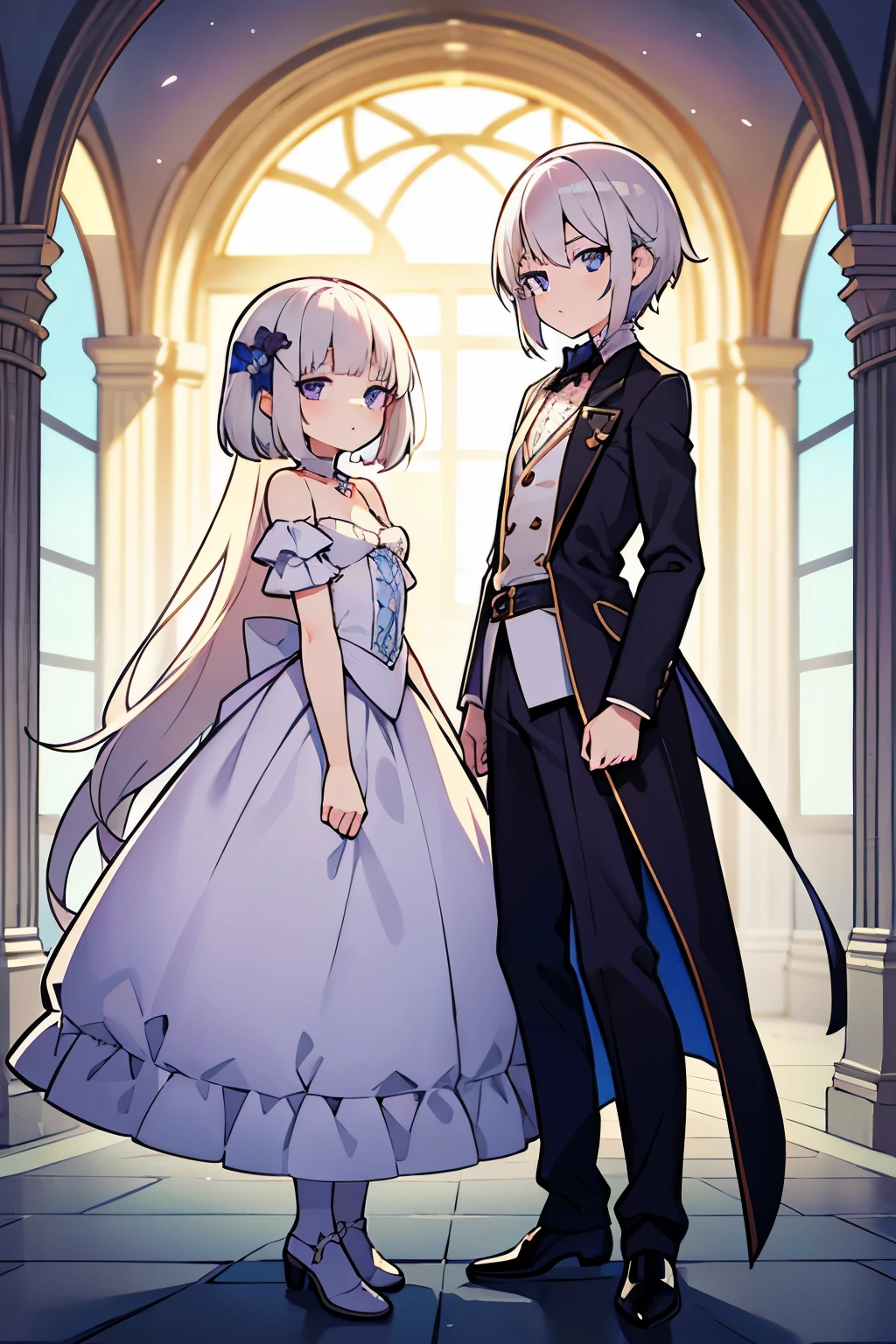 The princess girl has long, curly platinum blonde hair and blue eyes.,The servant boy has short silver hair and purple eyes.,A picture of these two standing side by side