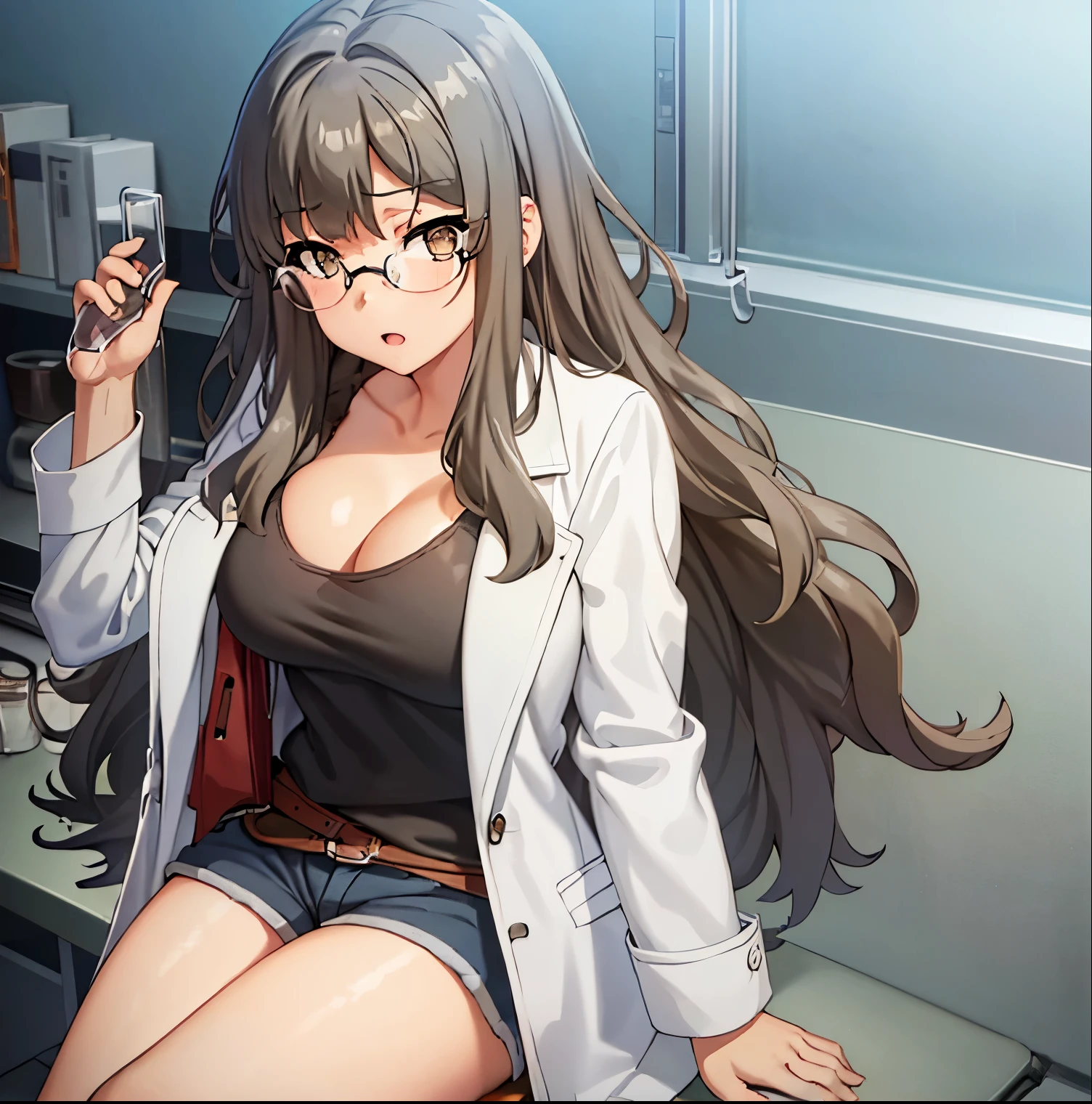 1girl,alone,rio futaba,masterpiece,best quality,realistic, (facing viewer: 1.2), front, pov (from below), indoors, chemistry room, detailed background, heavy breathing, blushing nose, (cheerful:1.1), long_hair, brown_hair, brown_eyes, glasses, huge breasts, medium waist, wide hips, medium thighs, round butt , White coat, open coat, black shirt, tank top, neckline, blue shorts, short shorts, perfect anatomy, perfect hands