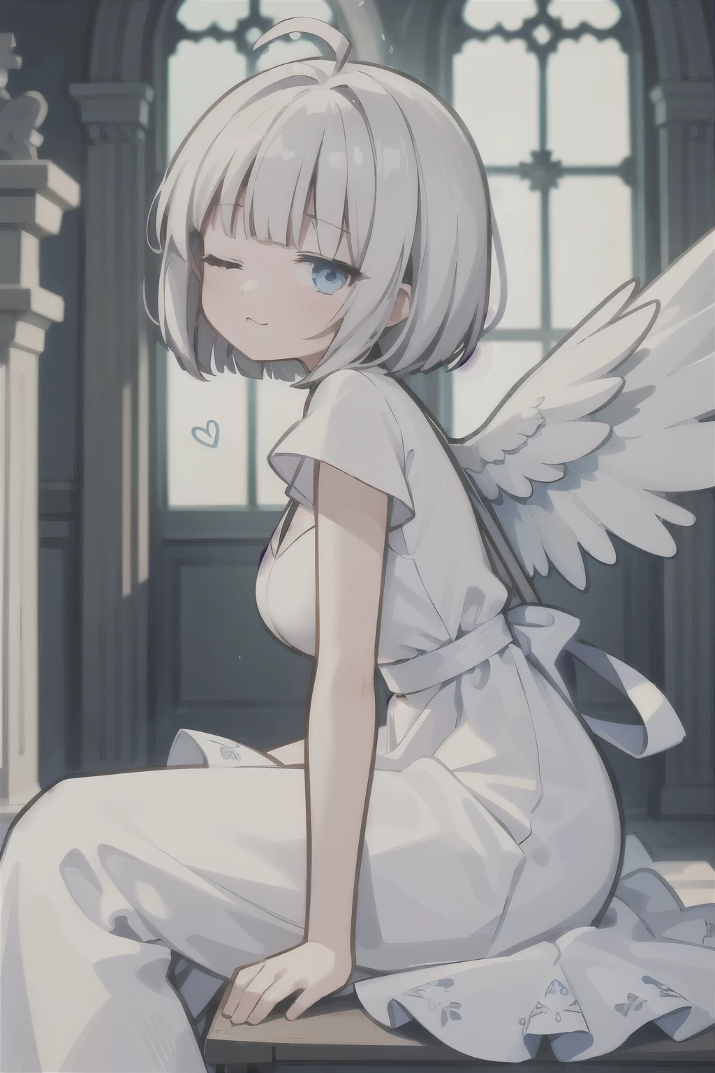 (masterpiece:1.2), (highest quality:1.2), (One Girl), Perfect Eyes, Perfect Face, Perfect lighting, Cathedral ,Silver Hair　Upper Body, Big Breasts, Spiked Hair, Blunt bangs, Bob Hair, Ahoge, Cute eyes, Mouth closed, Vivid depiction,orgasm, teeth, From the side, dress, Sitting, Angel Wings, whole body