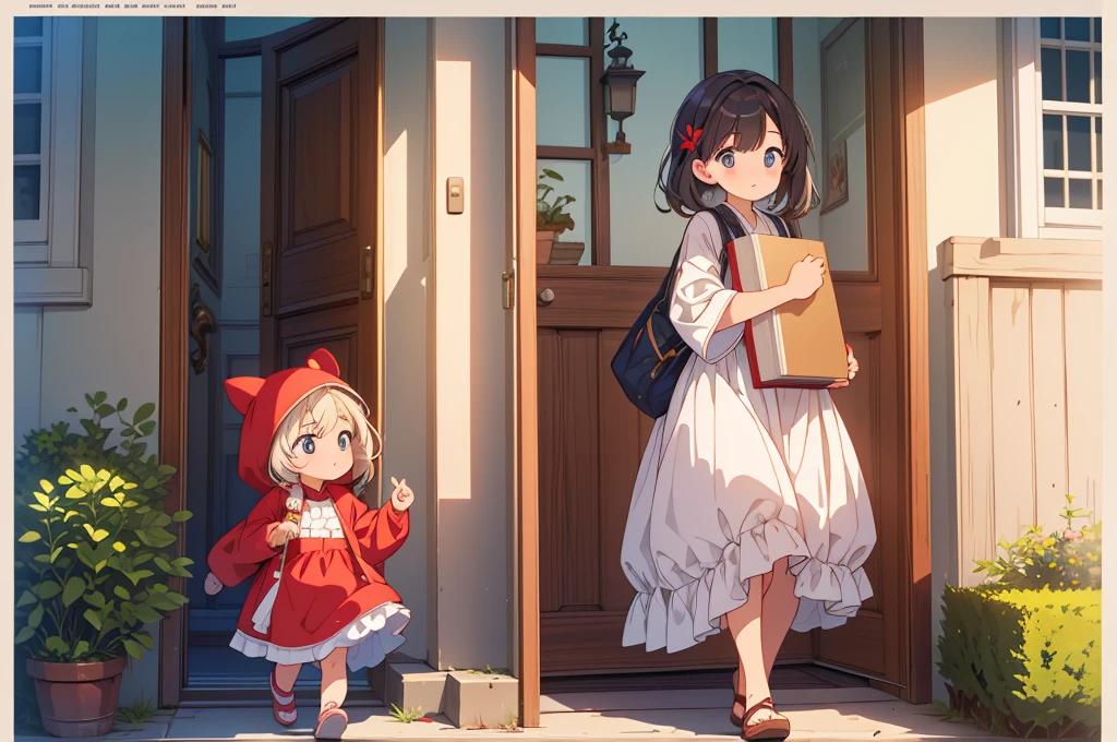 highest quality、Masterpiece、Official Art、The best composition、The best light source、Little、cute、A baby in a costume is carrying a large book that looks heavy.、The way they try their best is very cute.、