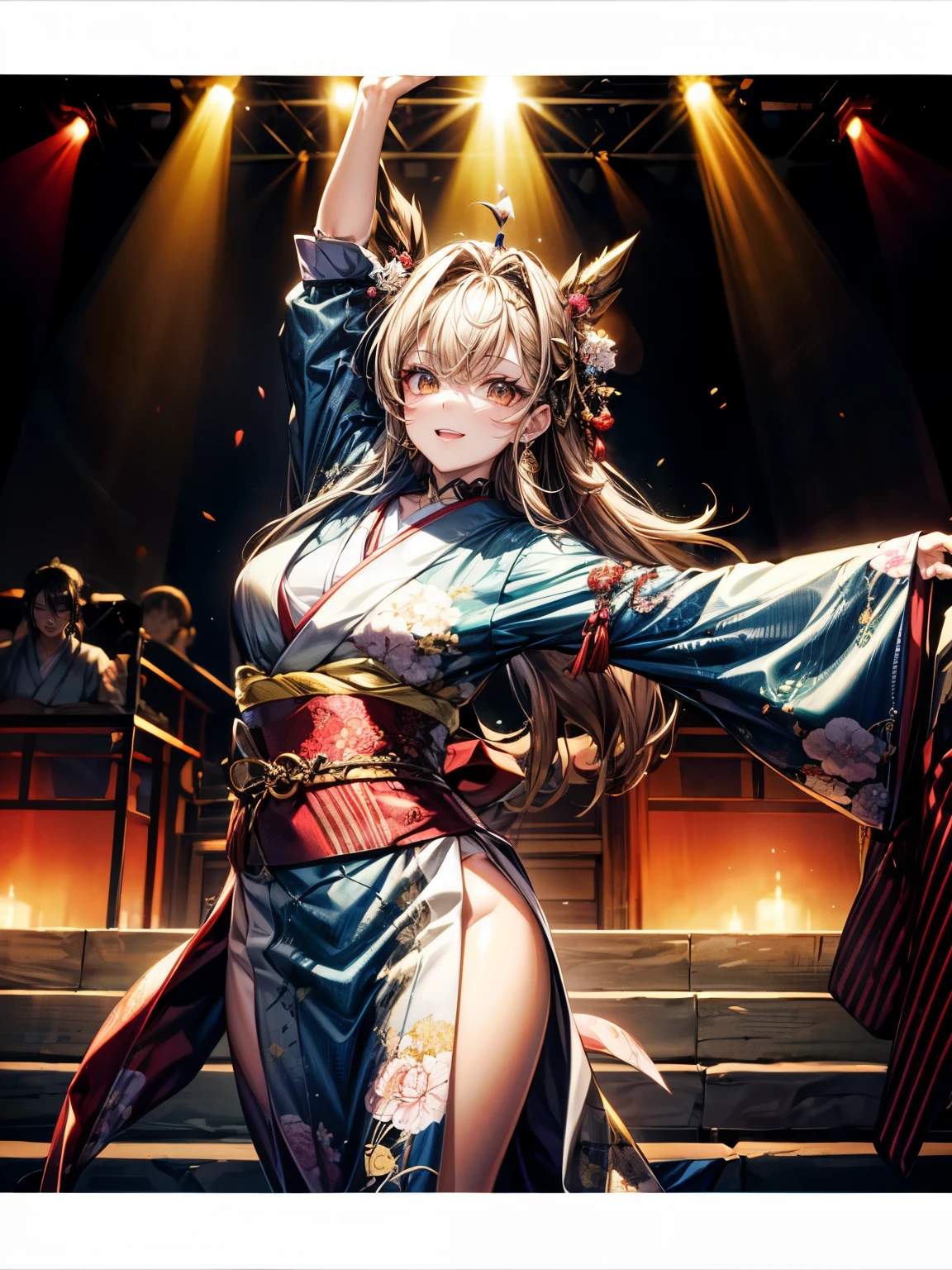 masterpiece,highest quality,Ultra high definition,Amenouzume, Japanese mythology, goddess of performing arts, enthusiastic dancing,Long brown hair ,light brown eyes ,Red gorgeous kimono, stage decorations, happy expression