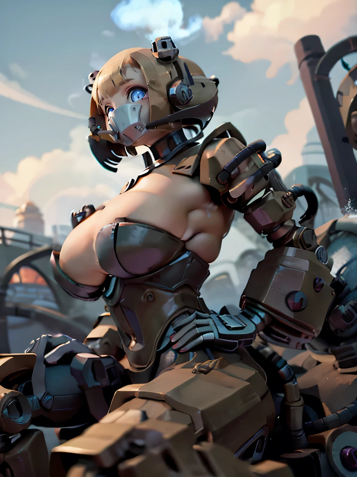 robot girl, humanoid robot, robot joint, full face mask, huge breasts, voluptuous body, knee shot