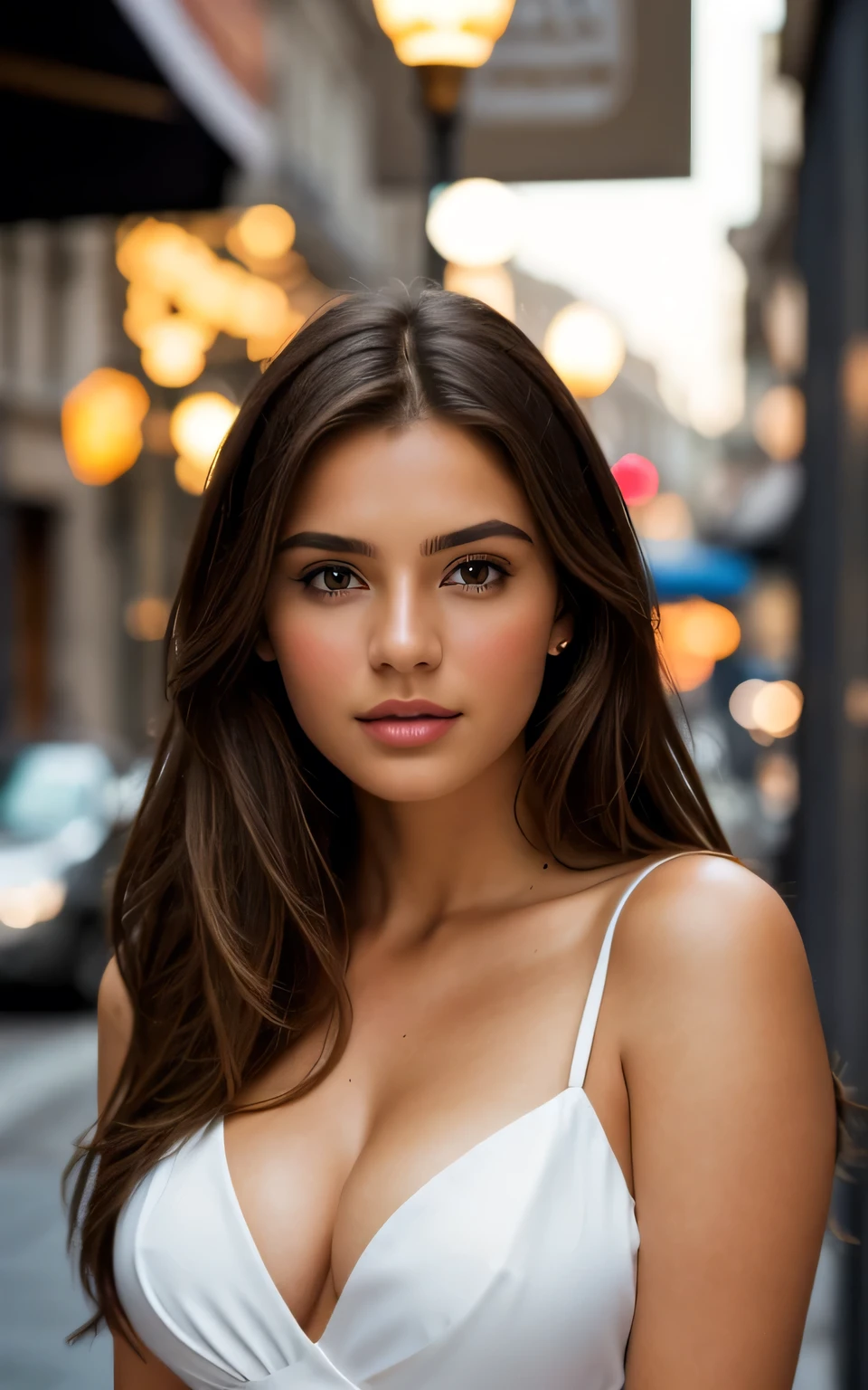 photography of 2 stunning girl, in the city, enjoying, girl, summer, hot girl, (((small bust))), brunette hair, long_hair, looks into the camera, symmetrical face, photorealistic, photography, spectacular lighting,, gorgeous, cleavage, western, (masterpice), best quality, high resolution, extremely detailed, skin with pores, blurred background, depth of field, cinematic lighting, EUROPE, cinematic lighting