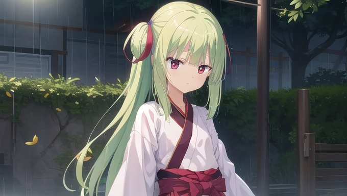 ((masterpiece)),(best quality),Official Art,Extremely detailed CG,Unity 8k Wallpaper,Super detailed,Beautiful and delicate eyes,Extremely detailed face,1 girl,solitary,,(whole body:1.5),(small:1.3),,,Murasame,Very long hair,Green Hair,Face Up,Purple bow,hairpin,Side chains,Bangs,Red Eyes,Neck strap,Red belt,Elegant and beautiful,Long sleeves hanfu,Wearing Hanfu,Gentle as a poem,Long Ponytail,It rained all night,My love overflows like rain。
Yard fallen leaves,And my thoughts are thick